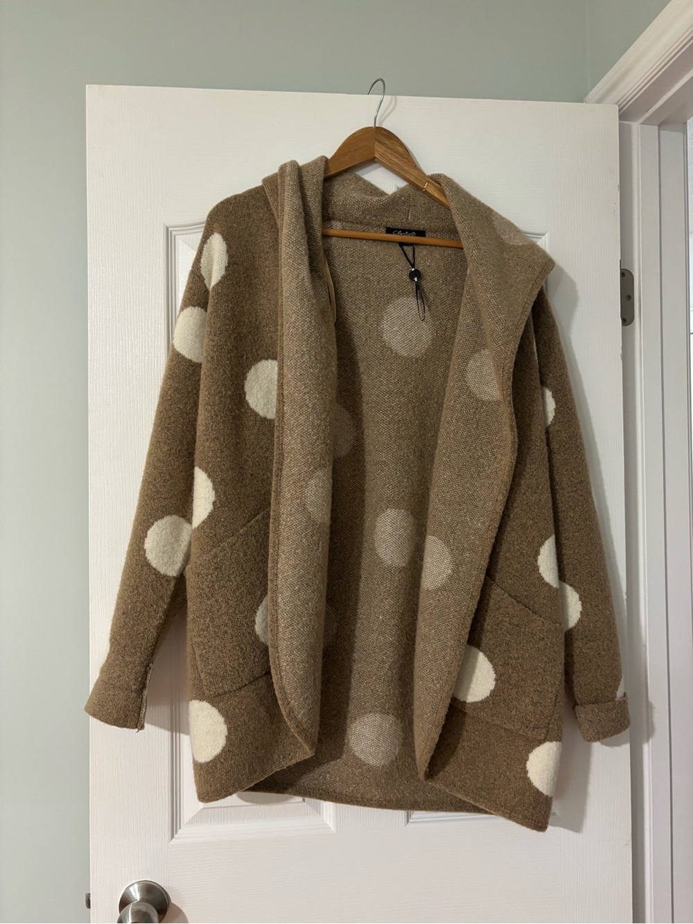 CHARLIE B Brown and Cream Polka Dot Hooded Open Cardigan